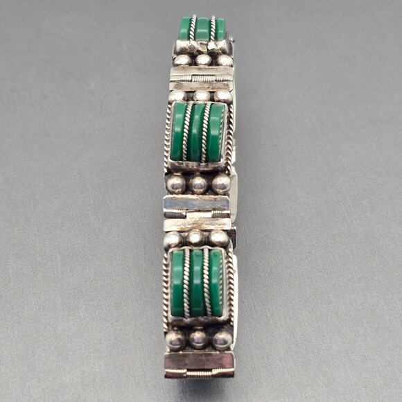VTG RRA Mexican Sterling Silver Green Onyx Panel Link Bracelet 7" Rope Detail 40 - Picture 7 of 16